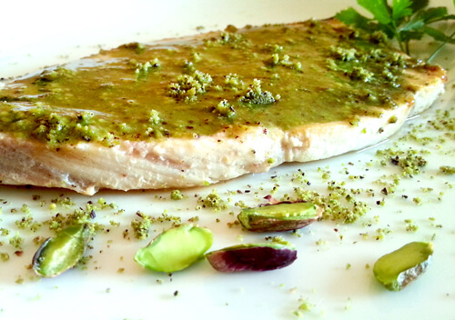 Swordfish in pistachio Bronte sauce